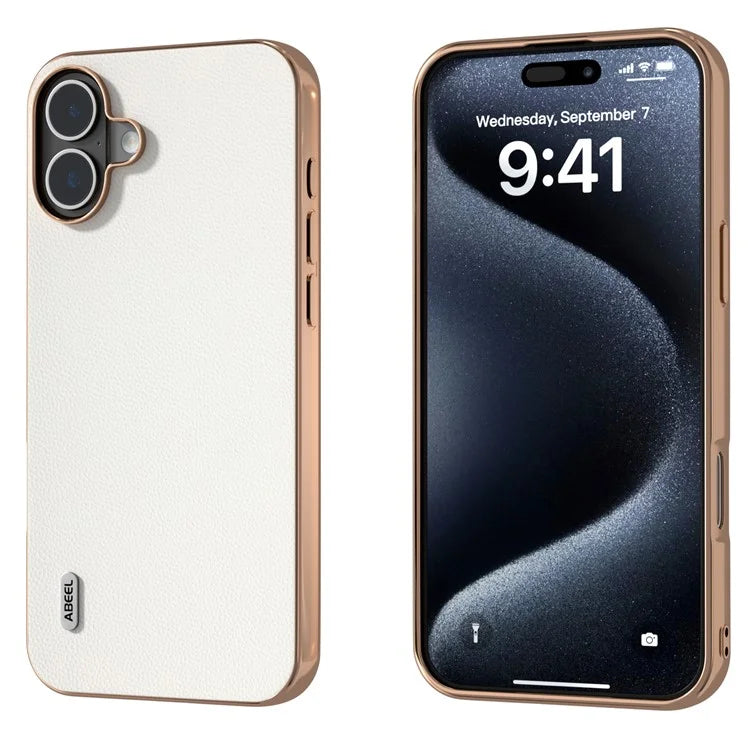 ABEEL For iPhone 16 Case Electroplating Genuine Cow Leather PC Phone Cover