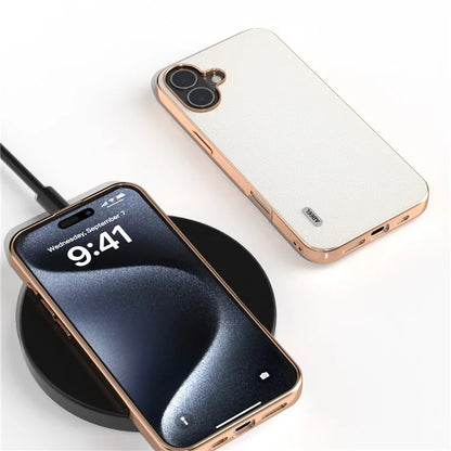 ABEEL For iPhone 16 Case Electroplating Genuine Cow Leather PC Phone Cover