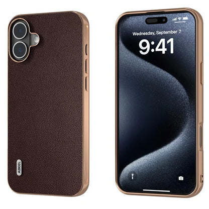 ABEEL For iPhone 16 Case Electroplating Genuine Cow Leather PC Phone Cover
