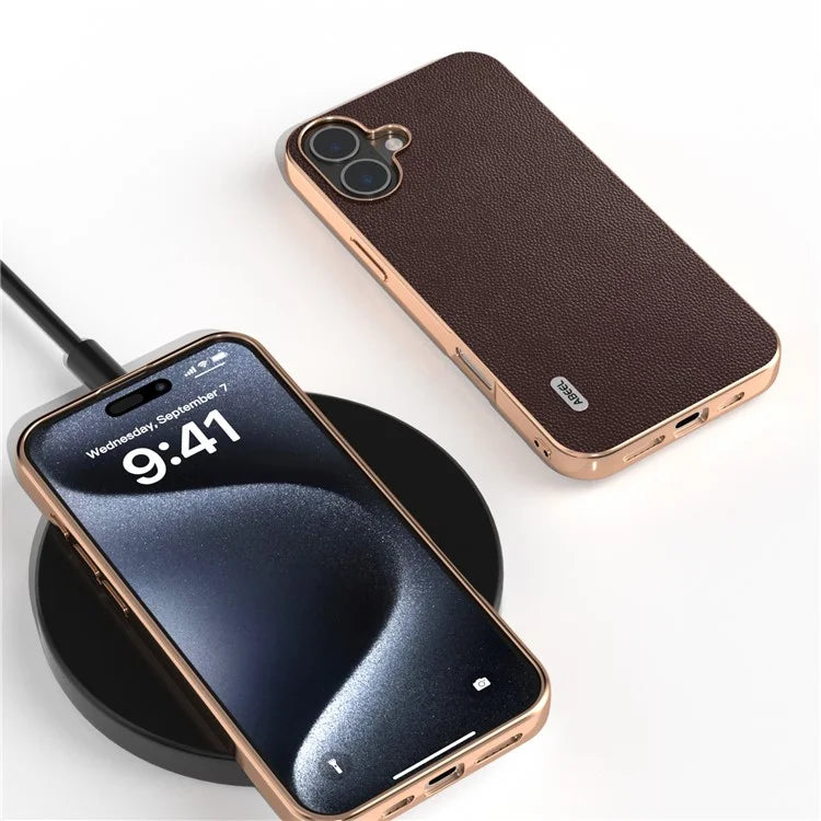 ABEEL For iPhone 16 Case Electroplating Genuine Cow Leather PC Phone Cover