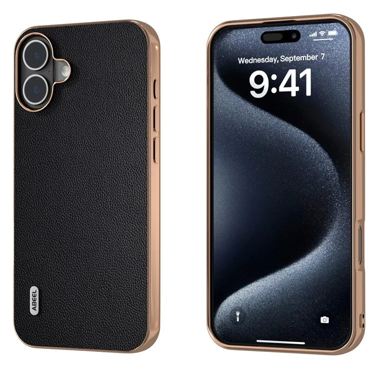 ABEEL For iPhone 16 Plus Case Electroplating Genuine Cow Leather PC Phone Cover