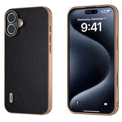 ABEEL For iPhone 16 Plus Case Electroplating Genuine Cow Leather PC Phone Cover
