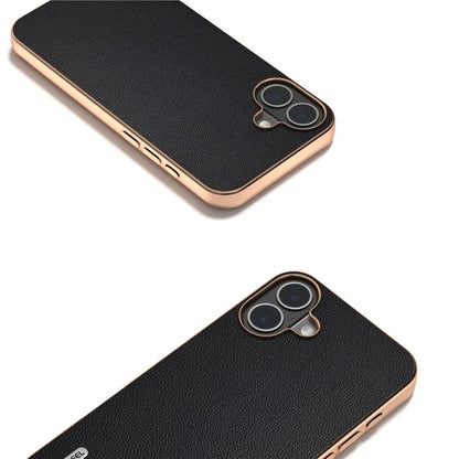 ABEEL For iPhone 16 Plus Case Electroplating Genuine Cow Leather PC Phone Cover