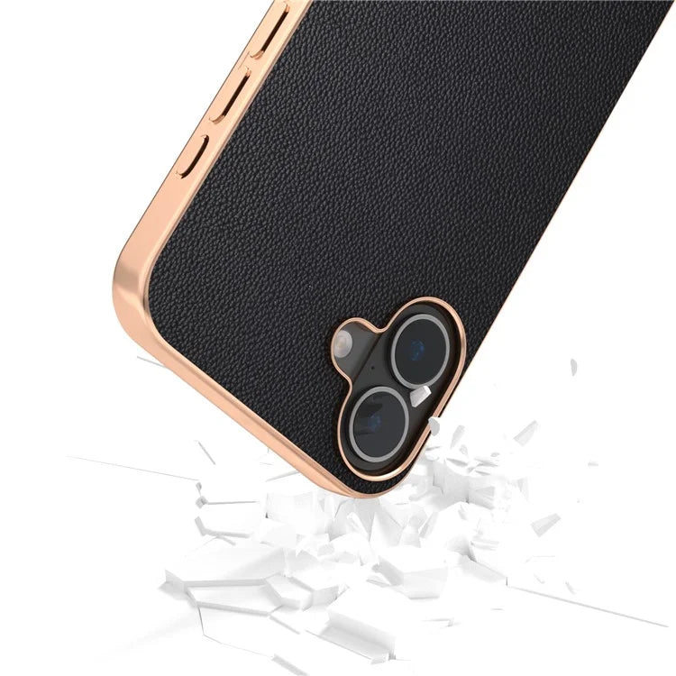 ABEEL For iPhone 16 Plus Case Electroplating Genuine Cow Leather PC Phone Cover