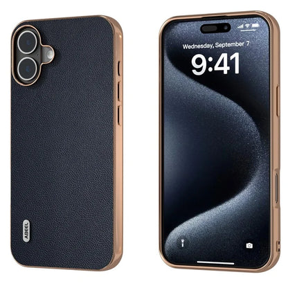 ABEEL For iPhone 16 Plus Case Electroplating Genuine Cow Leather PC Phone Cover