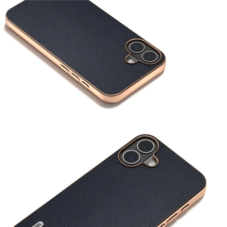 ABEEL For iPhone 16 Plus Case Electroplating Genuine Cow Leather PC Phone Cover