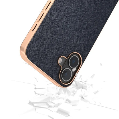 ABEEL For iPhone 16 Plus Case Electroplating Genuine Cow Leather PC Phone Cover