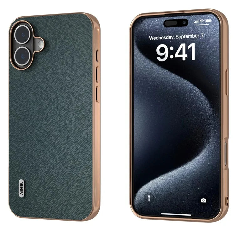 ABEEL For iPhone 16 Plus Case Electroplating Genuine Cow Leather PC Phone Cover