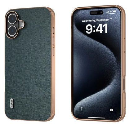 ABEEL For iPhone 16 Plus Case Electroplating Genuine Cow Leather PC Phone Cover