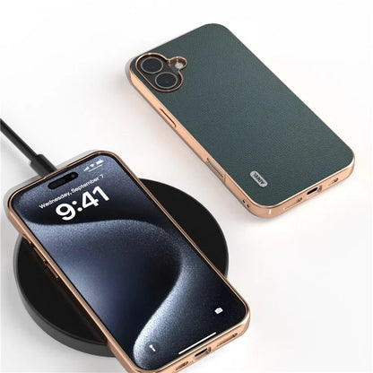 ABEEL For iPhone 16 Plus Case Electroplating Genuine Cow Leather PC Phone Cover