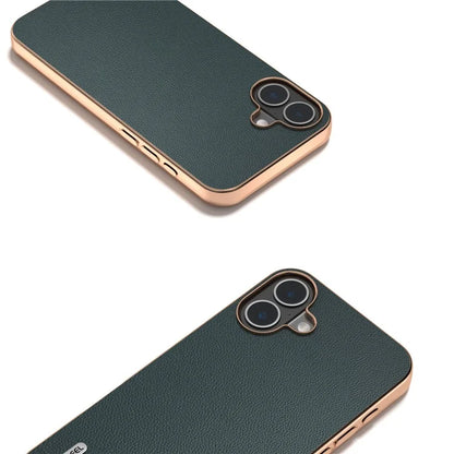 ABEEL For iPhone 16 Plus Case Electroplating Genuine Cow Leather PC Phone Cover