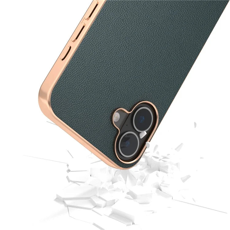 ABEEL For iPhone 16 Plus Case Electroplating Genuine Cow Leather PC Phone Cover
