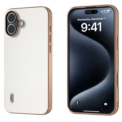 ABEEL For iPhone 16 Plus Case Electroplating Genuine Cow Leather PC Phone Cover