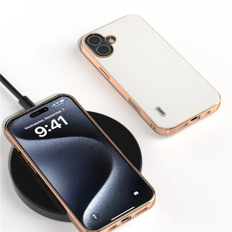 ABEEL For iPhone 16 Plus Case Electroplating Genuine Cow Leather PC Phone Cover