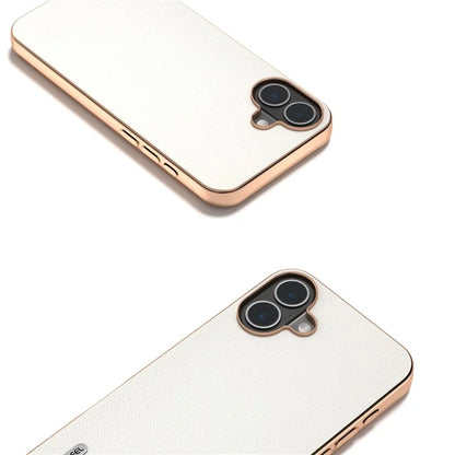 ABEEL For iPhone 16 Plus Case Electroplating Genuine Cow Leather PC Phone Cover