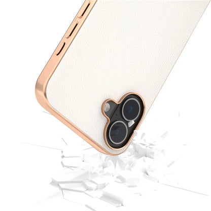 ABEEL For iPhone 16 Plus Case Electroplating Genuine Cow Leather PC Phone Cover