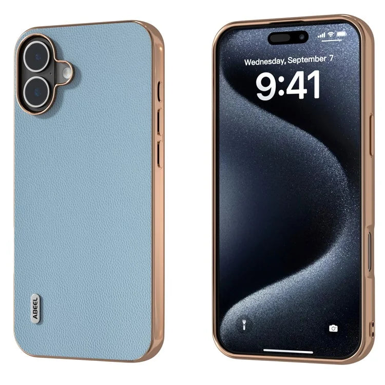 ABEEL For iPhone 16 Plus Case Electroplating Genuine Cow Leather PC Phone Cover