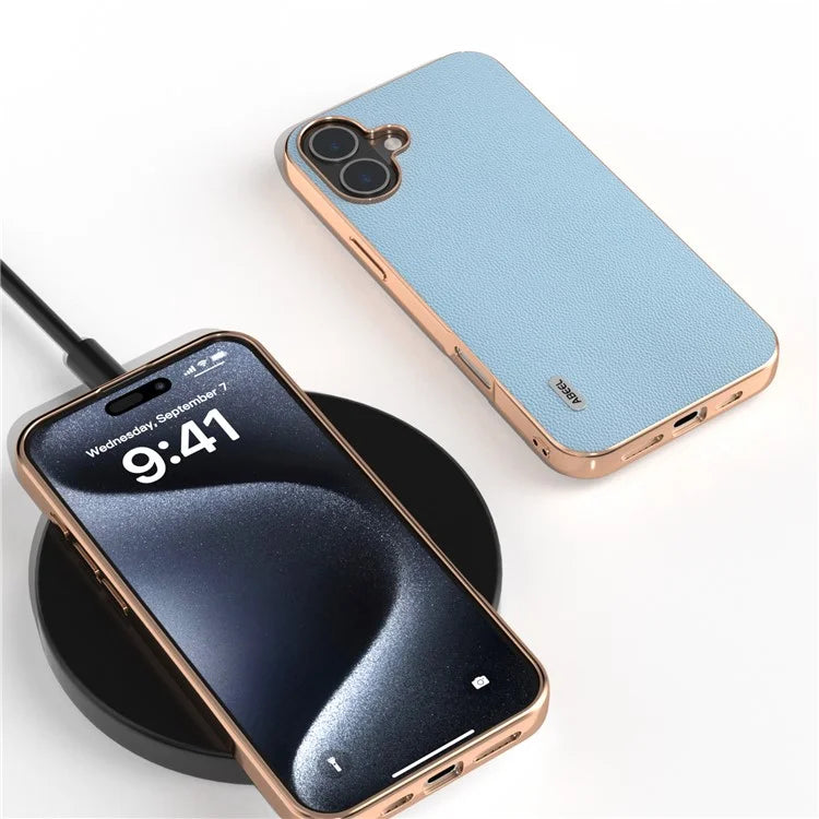 ABEEL For iPhone 16 Plus Case Electroplating Genuine Cow Leather PC Phone Cover