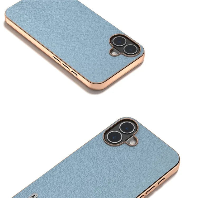 ABEEL For iPhone 16 Plus Case Electroplating Genuine Cow Leather PC Phone Cover