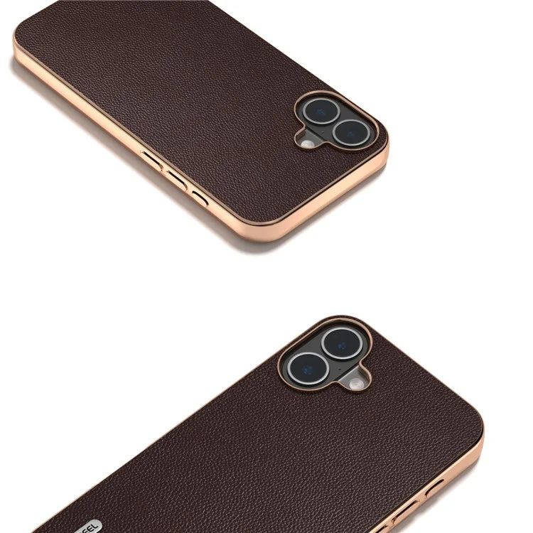 ABEEL For iPhone 16 Plus Case Electroplating Genuine Cow Leather PC Phone Cover
