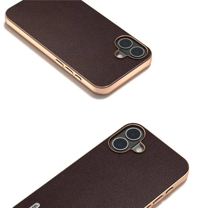 ABEEL For iPhone 16 Plus Case Electroplating Genuine Cow Leather PC Phone Cover