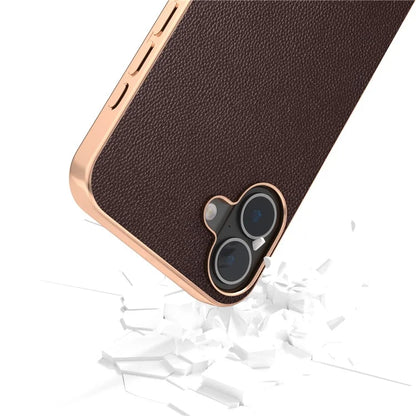 ABEEL For iPhone 16 Plus Case Electroplating Genuine Cow Leather PC Phone Cover