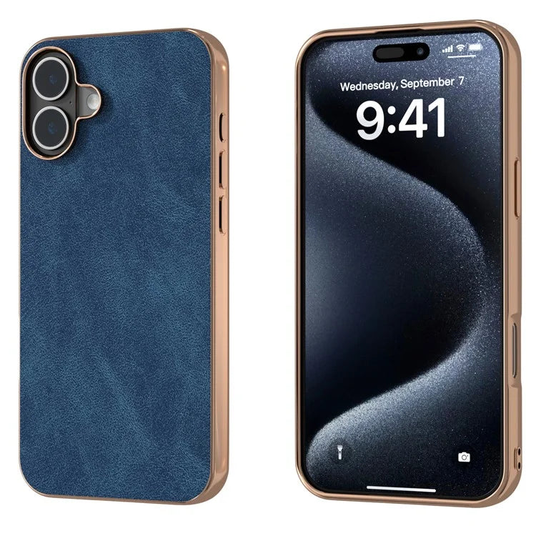 For iPhone 16 Case Electroplating PC Leather Shockproof Back Cover