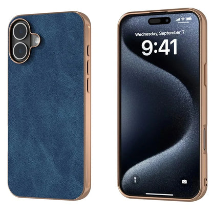 For iPhone 16 Case Electroplating PC Leather Shockproof Back Cover