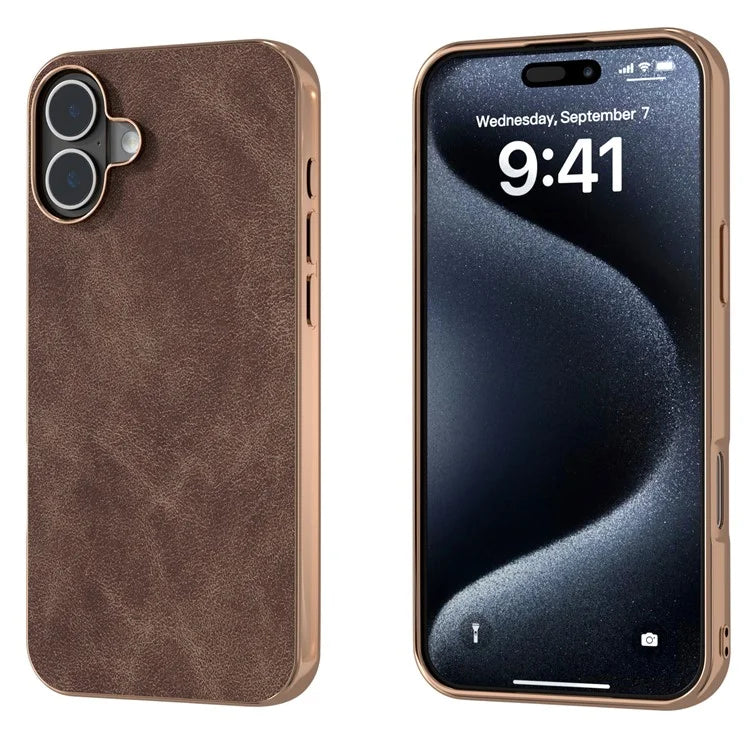 For iPhone 16 Case Electroplating PC Leather Shockproof Back Cover