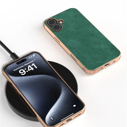 For iPhone 16 Case Electroplating PC Leather Shockproof Back Cover