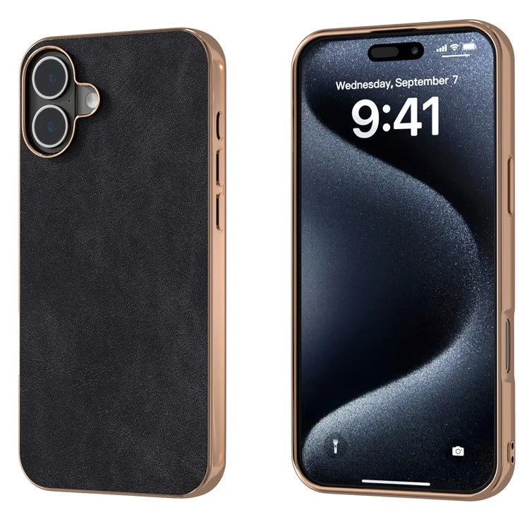 For iPhone 16 Case Electroplating PC Leather Shockproof Back Cover