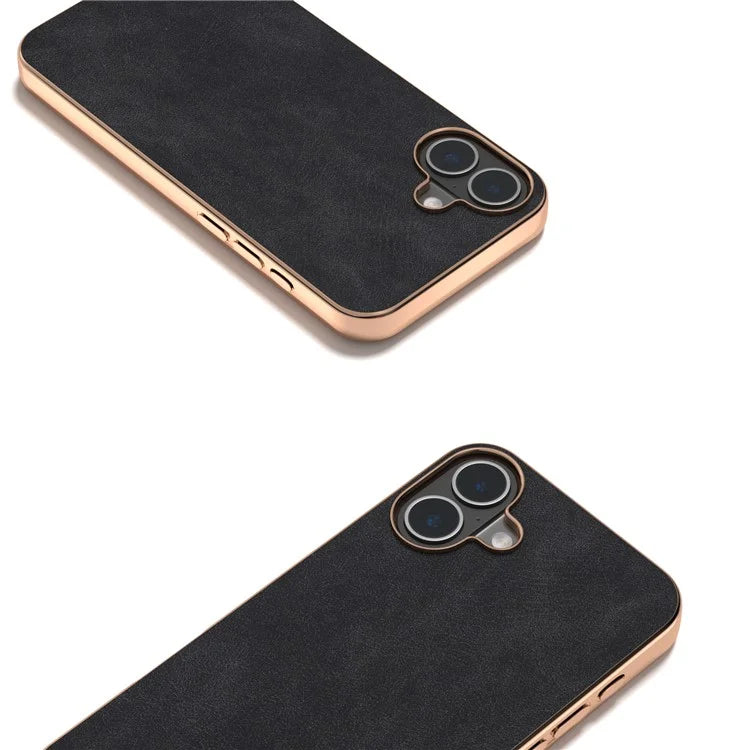 For iPhone 16 Case Electroplating PC Leather Shockproof Back Cover