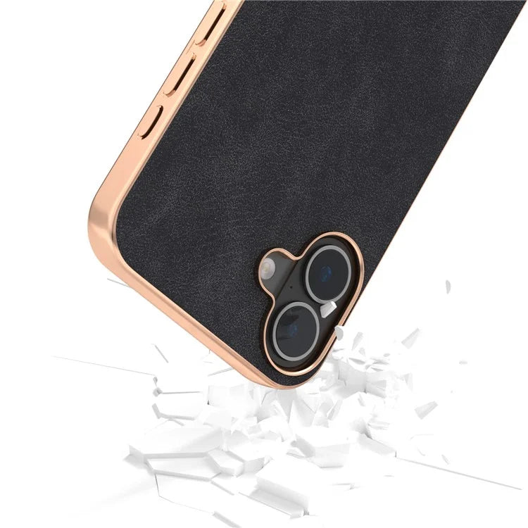 For iPhone 16 Case Electroplating PC Leather Shockproof Back Cover