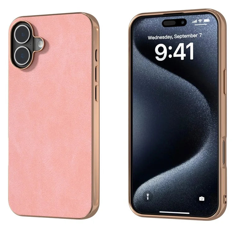 For iPhone 16 Case Electroplating PC Leather Shockproof Back Cover