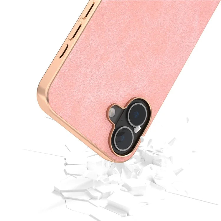 For iPhone 16 Case Electroplating PC Leather Shockproof Back Cover
