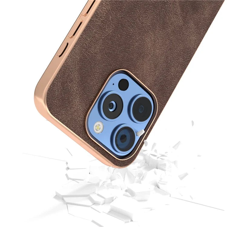 For iPhone 16 Pro Case Electroplating PC Leather Shockproof Back Cover