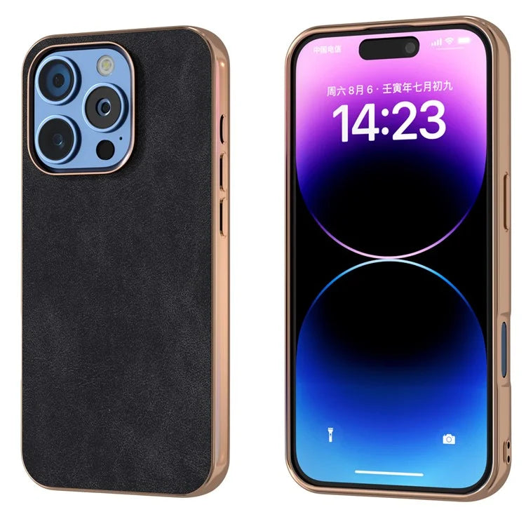 For iPhone 16 Pro Case Electroplating PC Leather Shockproof Back Cover