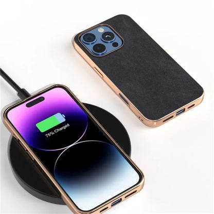 For iPhone 16 Pro Case Electroplating PC Leather Shockproof Back Cover