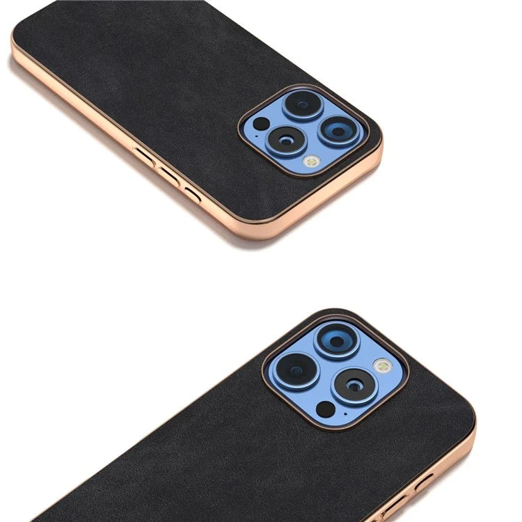 For iPhone 16 Pro Case Electroplating PC Leather Shockproof Back Cover
