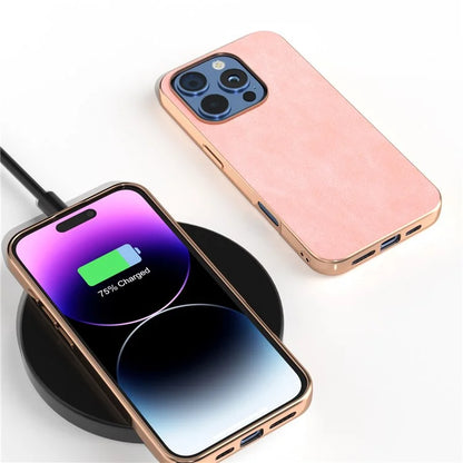 For iPhone 16 Pro Case Electroplating PC Leather Shockproof Back Cover