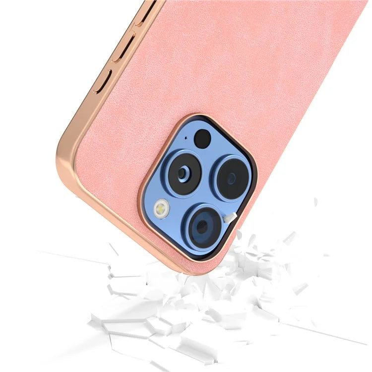 For iPhone 16 Pro Case Electroplating PC Leather Shockproof Back Cover