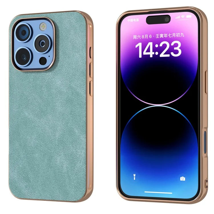 For iPhone 16 Pro Case Electroplating PC Leather Shockproof Back Cover