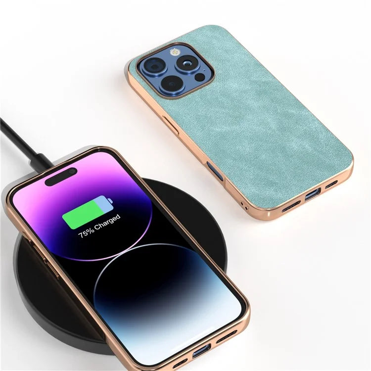 For iPhone 16 Pro Case Electroplating PC Leather Shockproof Back Cover