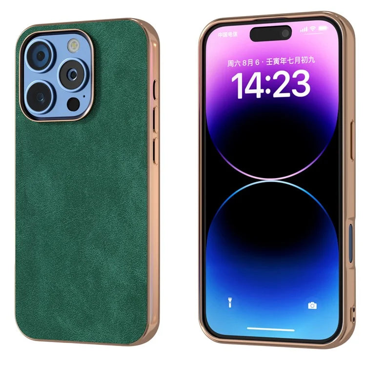For iPhone 16 Pro Case Electroplating PC Leather Shockproof Back Cover