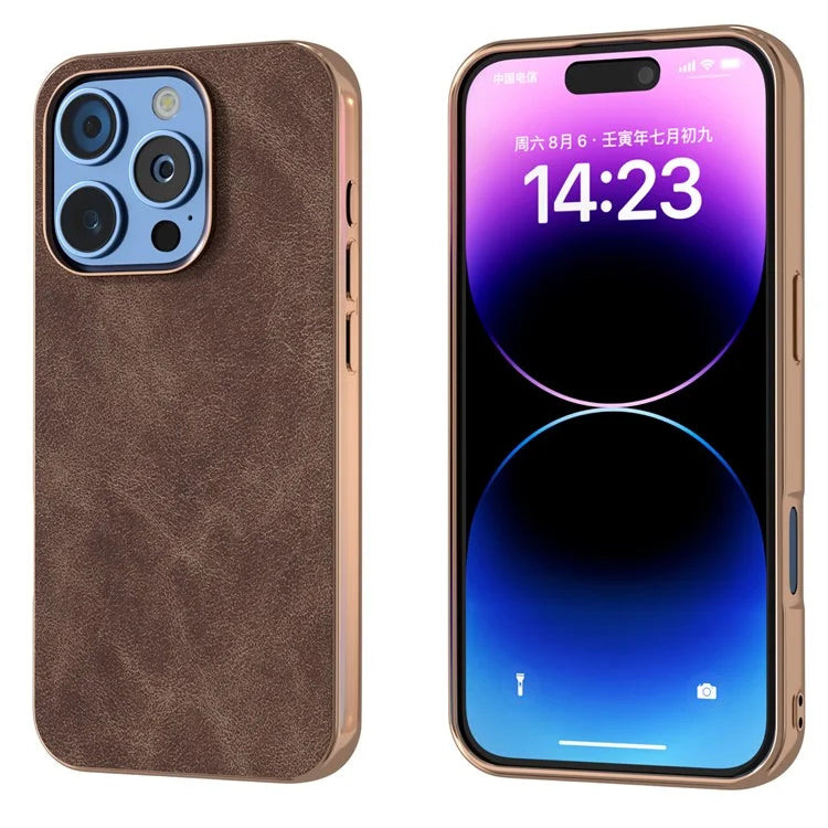 For iPhone 16 Pro Max Case Electroplating PC Leather Shockproof Back Cover