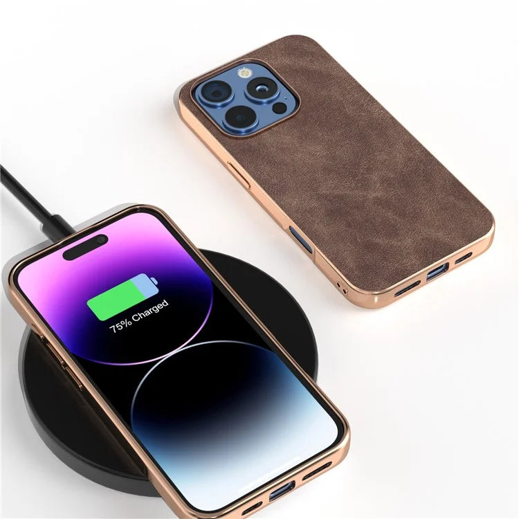 For iPhone 16 Pro Max Case Electroplating PC Leather Shockproof Back Cover