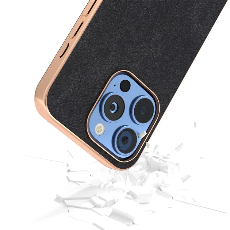 For iPhone 16 Pro Max Case Electroplating PC Leather Shockproof Back Cover