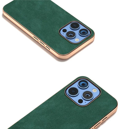 For iPhone 16 Pro Max Case Electroplating PC Leather Shockproof Back Cover