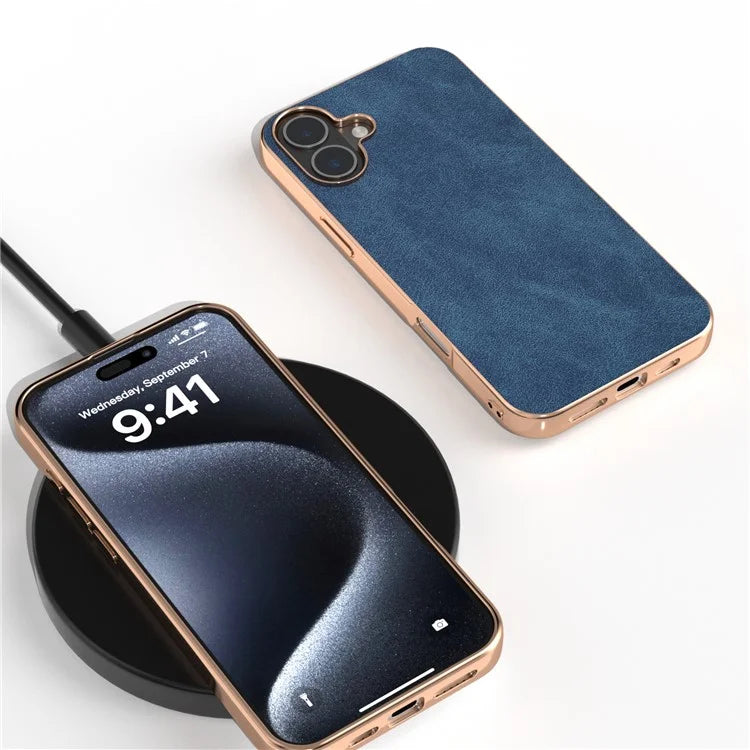 For iPhone 16 Plus Case Electroplating PC Leather Shockproof Back Cover