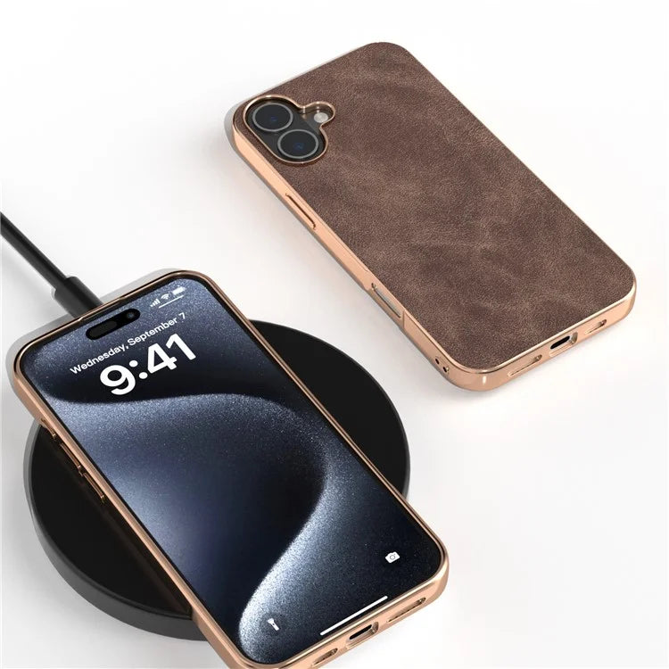 For iPhone 16 Plus Case Electroplating PC Leather Shockproof Back Cover
